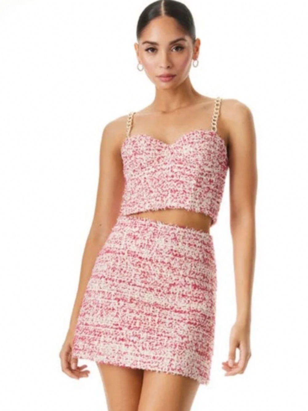 New Alice + Olivia White & Pink Tweed Crop Top Gold chain straps bustier top S 4 - Picture 4 of 6